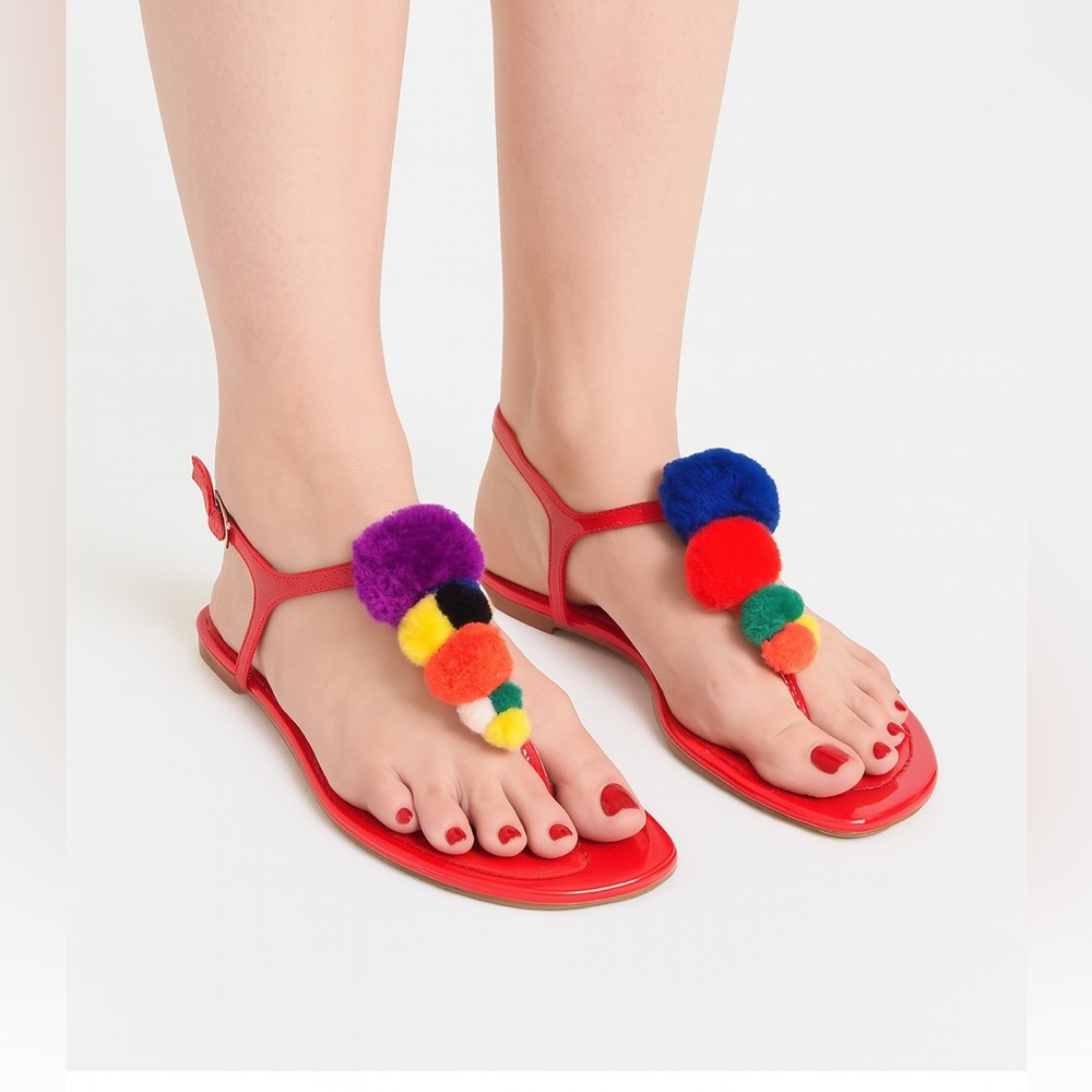 ♻️ UPCYCLED KARL LAGERFELD Red Flat Sandals with Added Colorful Pom Poms 8